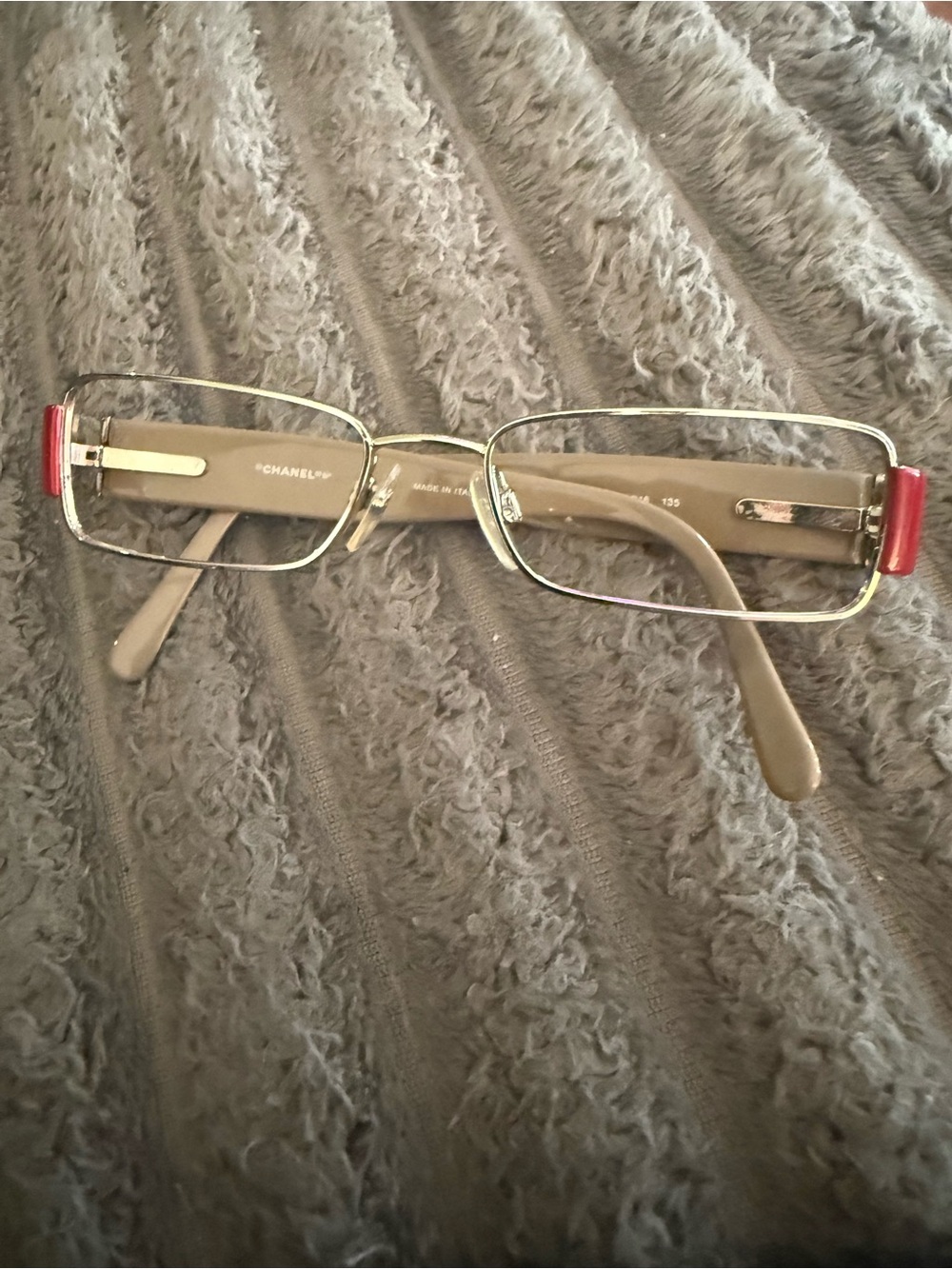 CHANEL Silver Metal Rectangular Glasses with Beige Temples and Red Accents